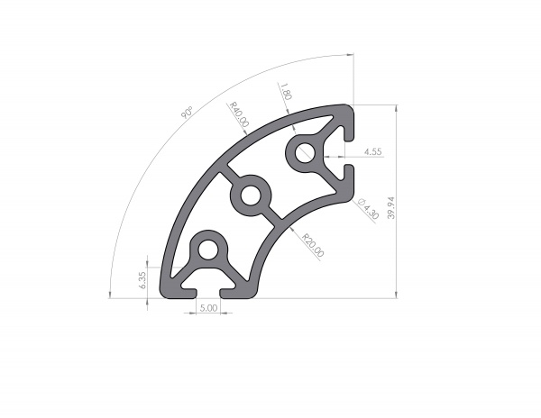 Aluminum profile R20x40 groove 5 I-typ 90°